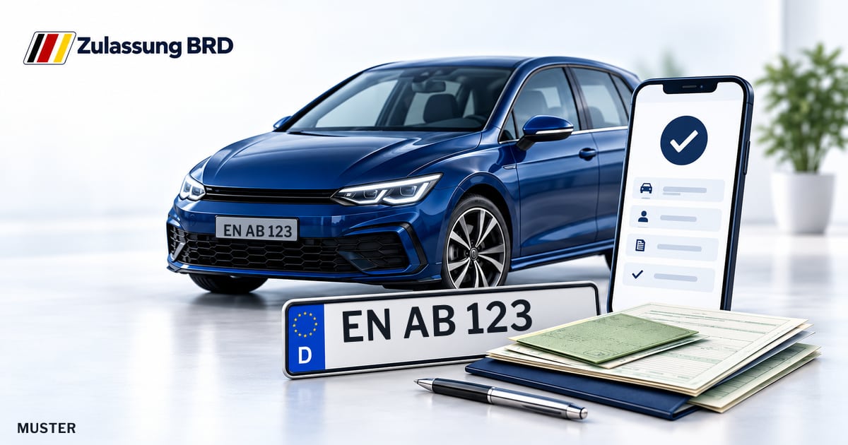 Online Fahrzeugzulassung in Ennepetal: Musterkennzeichen EN AB 123, Auto und Fahrzeugpapiere und Smartphone. Illustration mit Logo von Zulassung BRD.